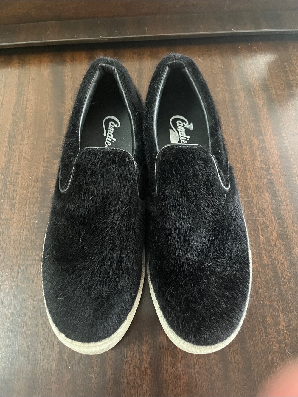Candie's Black Faux Fur Slip-On Sneakers with White Sole